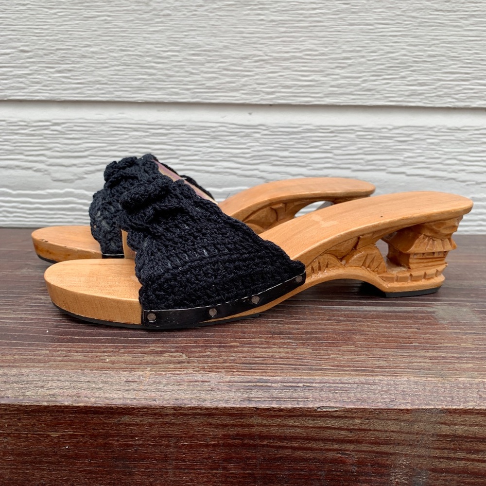 Women’s Black Slip-On Sandals w/ Carved Wood Heels